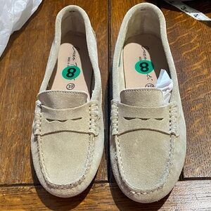 Driving Mocs, size 8. Light Grey-Tan Suede, Made Spain. New,in unused condition.